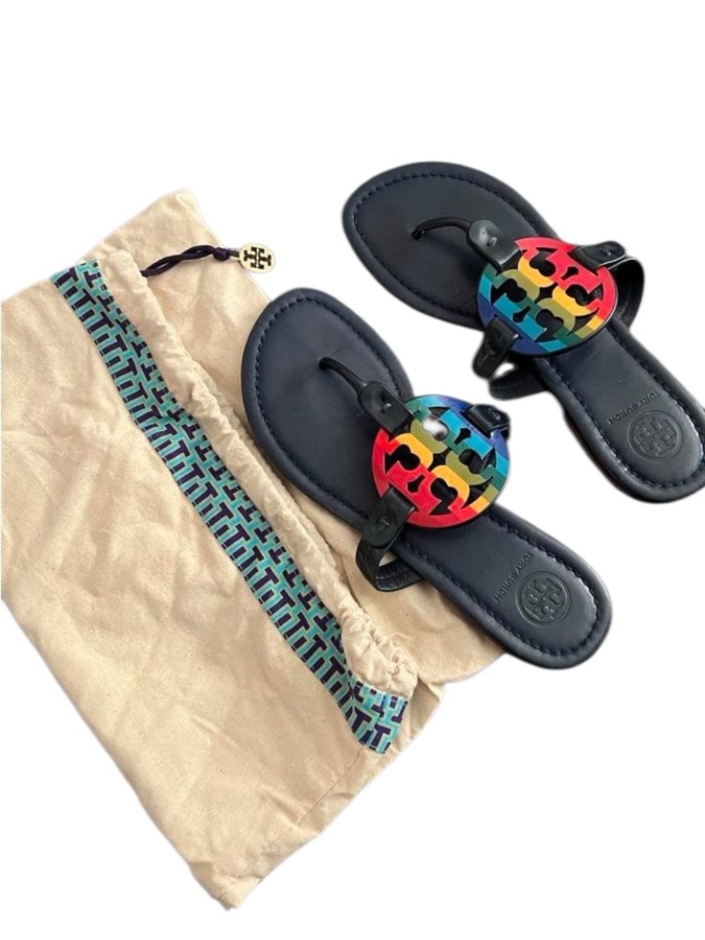 Tory Burch Black Leather Sandals with Rainbow Logo Medallions